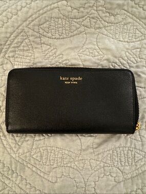 kate spade Black & Gold Zip-Around Saffiano Leather Wallet